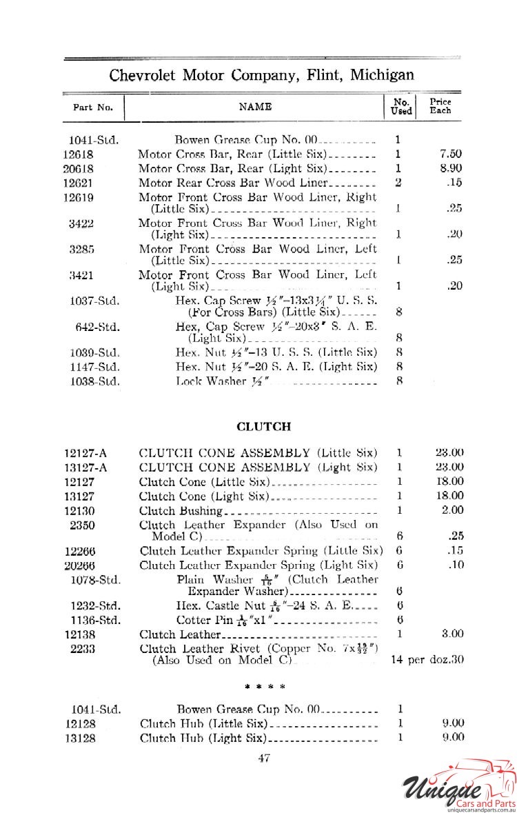 1912 Chevrolet Light and Little Six Parts Price List Page 83
